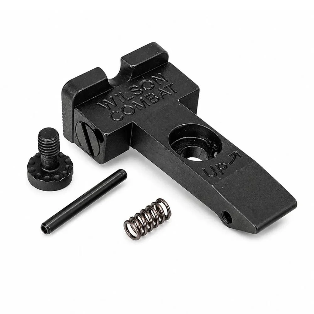 wilson-combat-ruger-gp100-sights-primary-1 Wilson Combat Ruger GP100 Serrated Blade Handgun Sight Rear Black, angled view with spring and screws