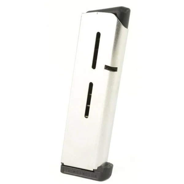 MAG WILSON .350 Base Pad, silver magazine with black base pad, front view