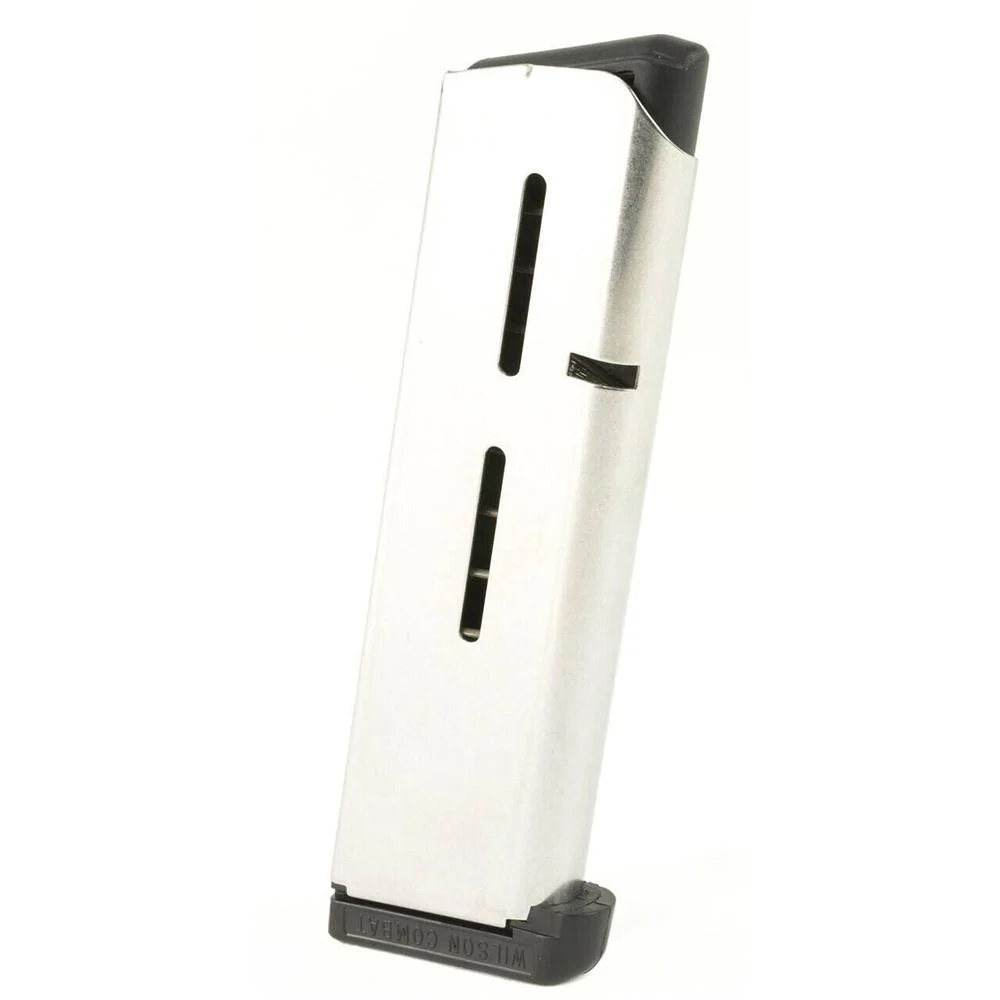 wilson-combat-series-47-1911-45-acp-7-round-magazine-primary MAG WILSON .350 Base Pad, silver magazine with black base pad, front view