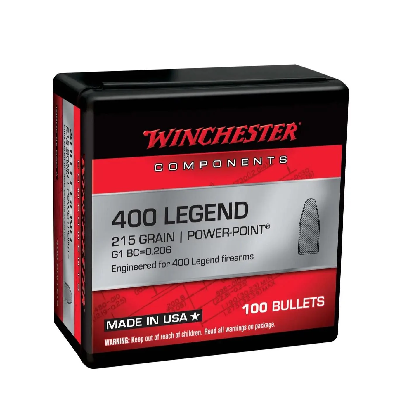 winchester-400-legend-215gr-powerpoint-bullets-primary Winchester Rifle Bullets 400 Legend POWERPOINT, black and red retail box front view