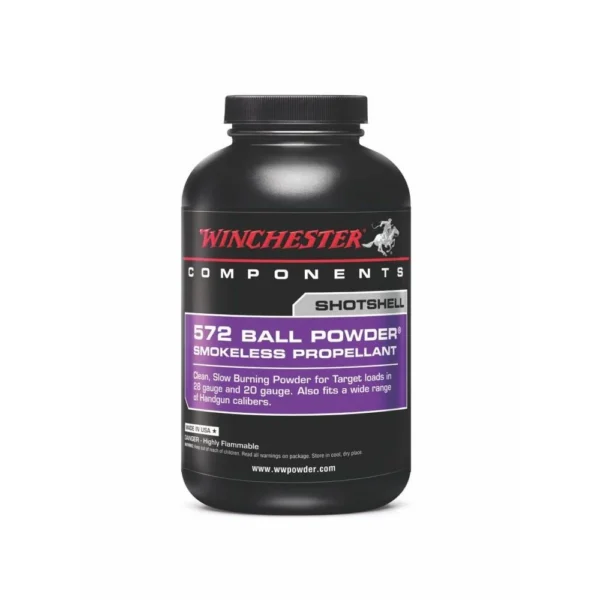 Winchester 572 Shotshell Powder black bottle, front view with purple and black label