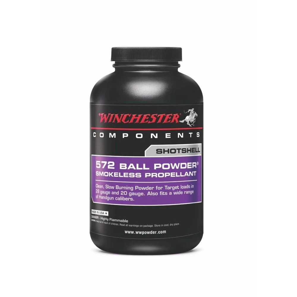 winchester-572-shotshell-powder-1lb-primary Winchester 572 Shotshell Powder black bottle, front view with purple and black label
