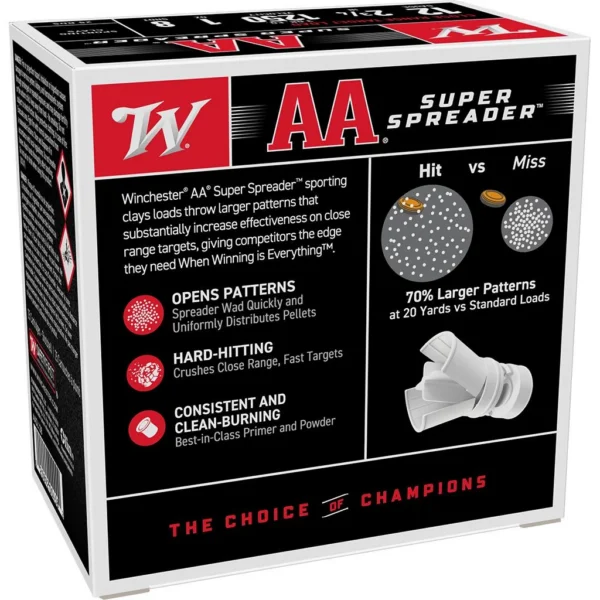 Winchester Ammunition WIN AA SPRDR, black, red and white ammunition box, angled front view