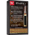 Winchester Ballistic Silvertip rifle ammunition, black box with cartridge graphic, rear view