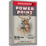 Winchester Power Point Rifle Ammunition, front view of red and gray box with deer artwork