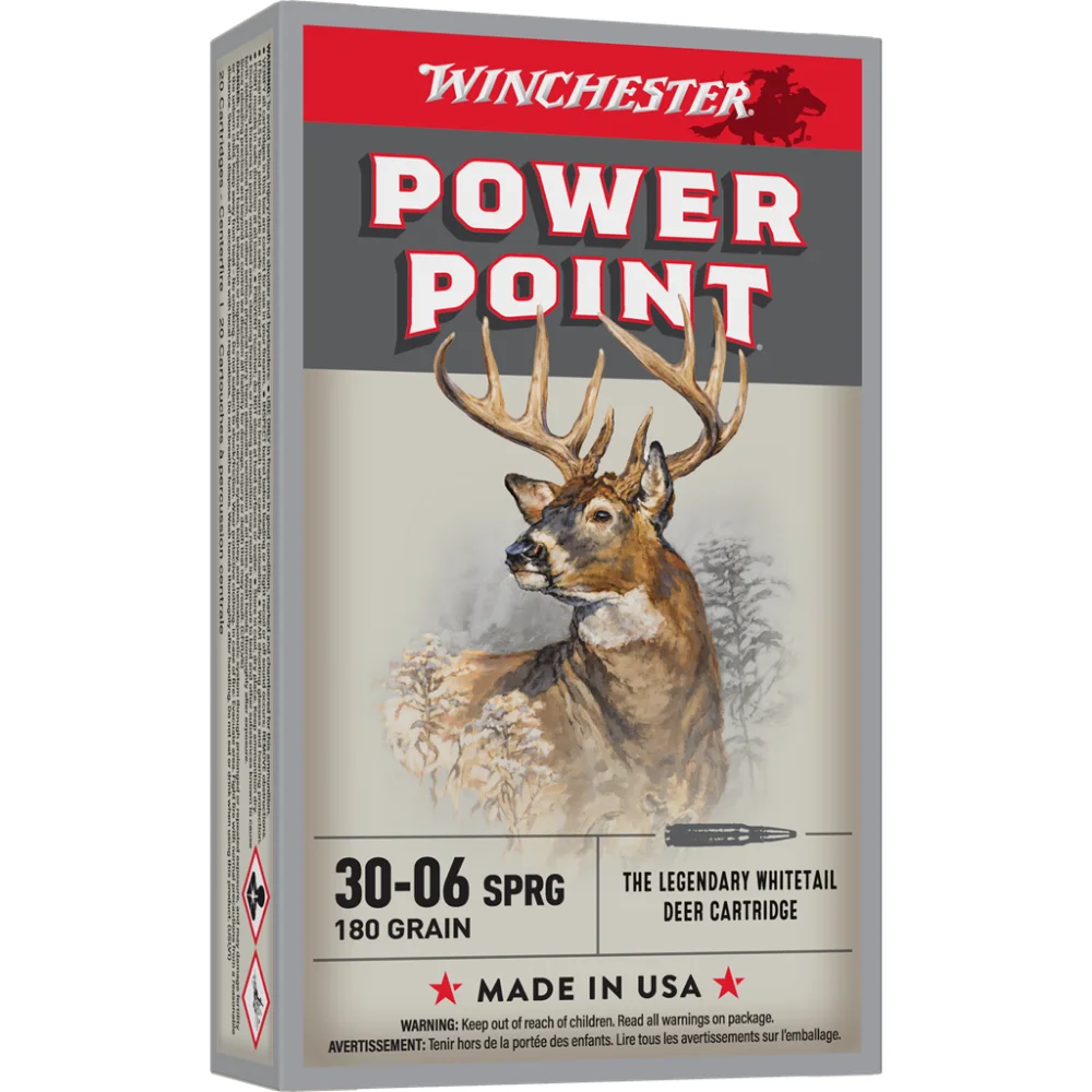 winchester-power-point-rifle-ammo-180-gr-psp-2700f-primary-1 Winchester Power Point Rifle Ammunition, front view of red and gray box with deer artwork
