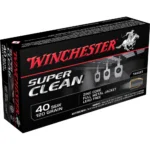 Winchester Super Clean NT handgun ammunition, angled view of black retail box with red branding
