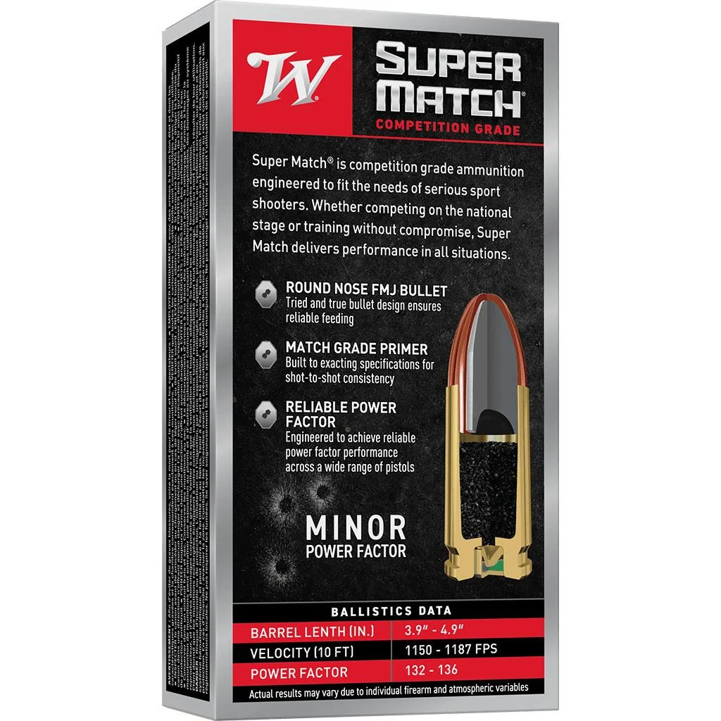 winchester-super-match-9mm-115gr-rn-primary Winchester Super Match black and red ammunition box, angled front view with cutaway bullet graphic