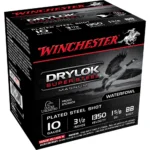 Winchester Super-X Drylok Super Steel Shotshells, front-left view of black and red box