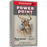 Winchester Super-X Power Point 7mm Rem Mag ammunition, front view of gray and red deer-themed box