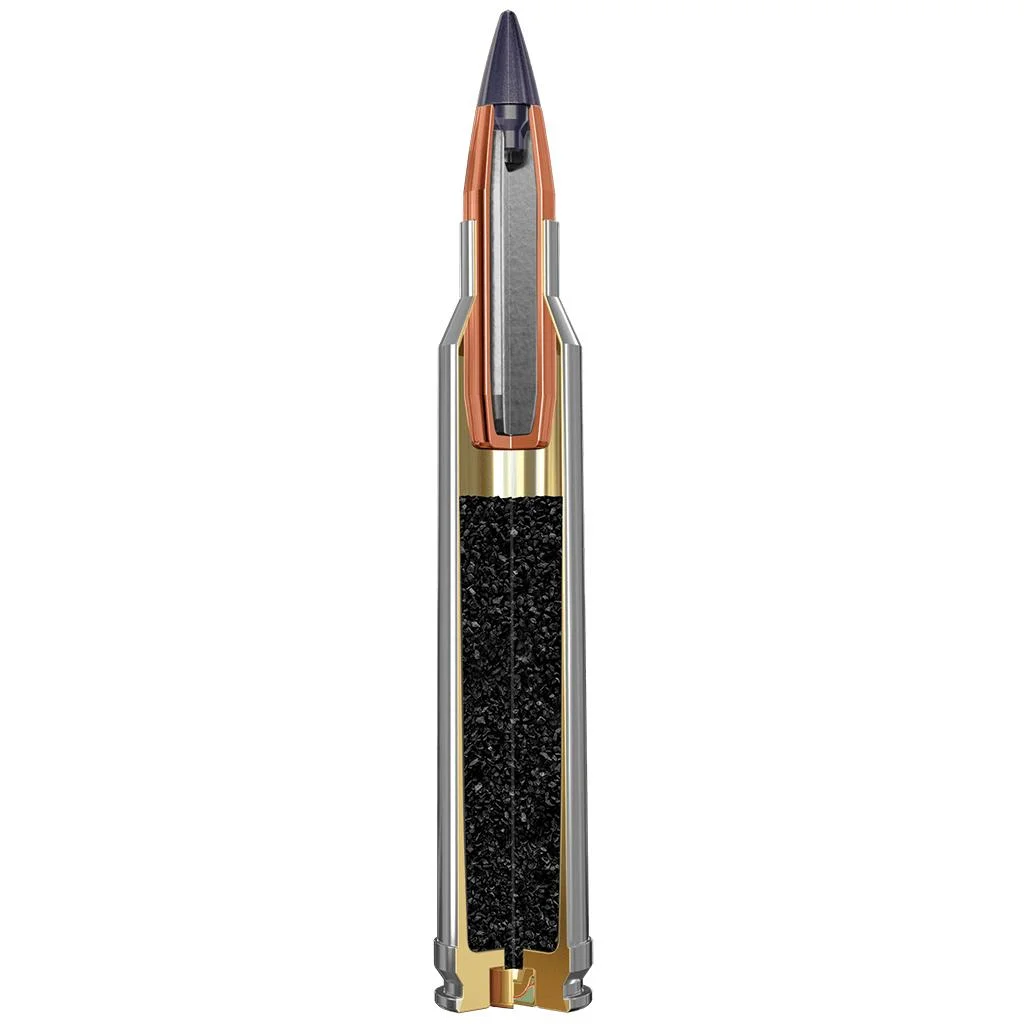 winchester-supreme-long-range-300-win-mag-primary Winchester Supreme Long Range cutaway cartridge, upright view showing bullet and internal material