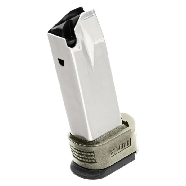 Springfield Armory XD compact magazine, angled view with silver body and green textured sleeve
