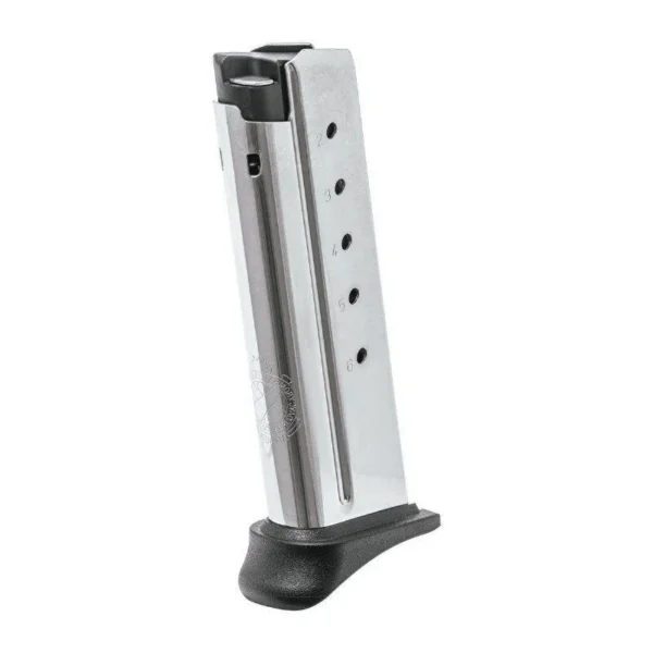 Springfield XD-E Handgun Magazine with Pinky EXT, silver angled side view with black extension