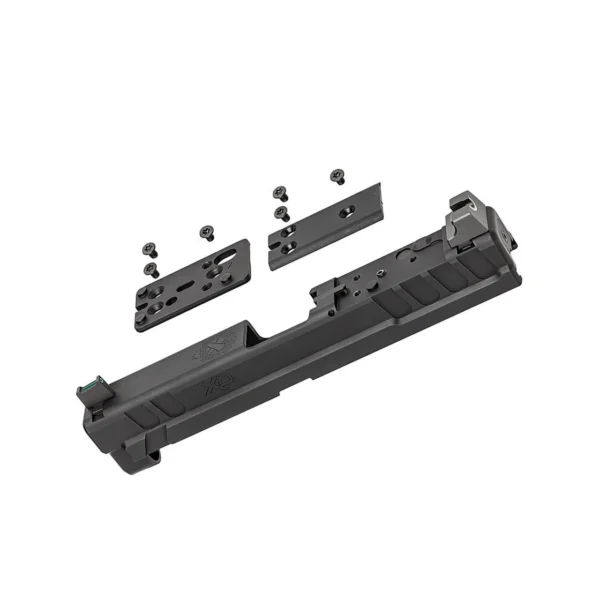 Springfield SPRGFLD XD slide assembly, black exploded top view with plates and screws