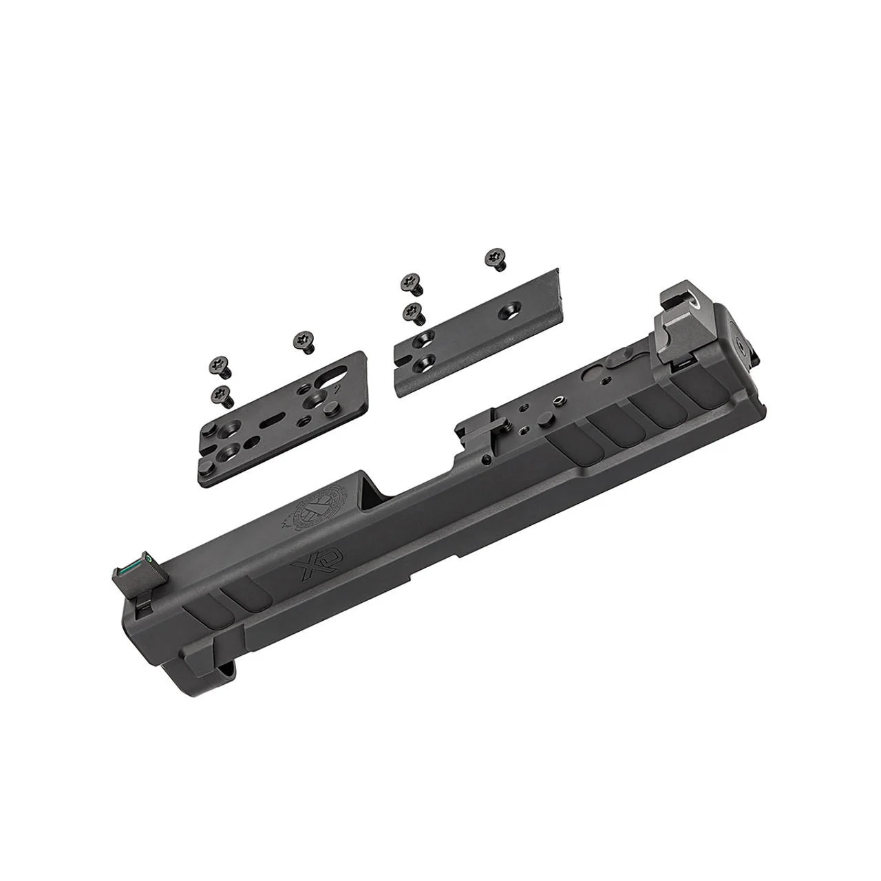 xd-osp-slide-assembly-optics-ready-primary-1 Springfield SPRGFLD XD slide assembly, black exploded top view with plates and screws
