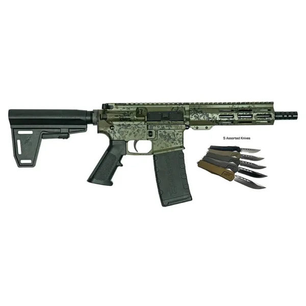 10 Ring Great Lakes AR-15 Pistol .223 Wylde 30rd Magazine 7" Barrel Lichen Green with 5 OTF 3-1/2" Blade Knives