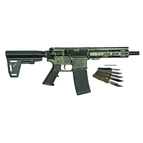 10 Ring Great Lakes AR-15 Pistol .223 Wylde 30rd Magazine 7" Barrel Lichen Black with 5 OTF 3-1/2" Blade Knives