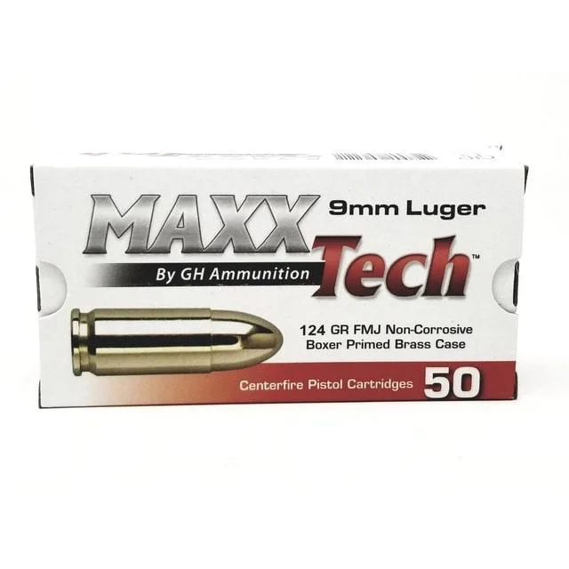9mm-luger-124gr-fmj-ammo-primary Grasso Holdings Inc. / Tulammo MAXXTech Handgun Ammunition 9mm Luger 124gr FMJ 1126 fps 500/ct (Case of 10 50/ct Boxes)