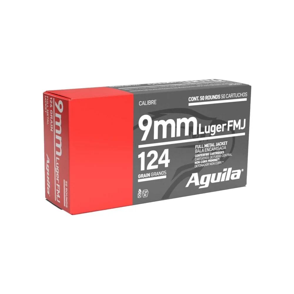 aguila-9mm-luger-124gr-fmj-ammo-50ct-primary TXAT - DBA Aguila Ammunition Aguila Handgun Ammunition 9mm Luger 124 gr FMJ 1115 fps 50/ct