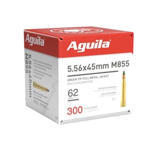 TXAT - DBA Aguila Ammunition Aguila M855 Green Tip Rifle Ammunition 5.56X45 NATO 62gr FMJBT 3150 fps 300/ct