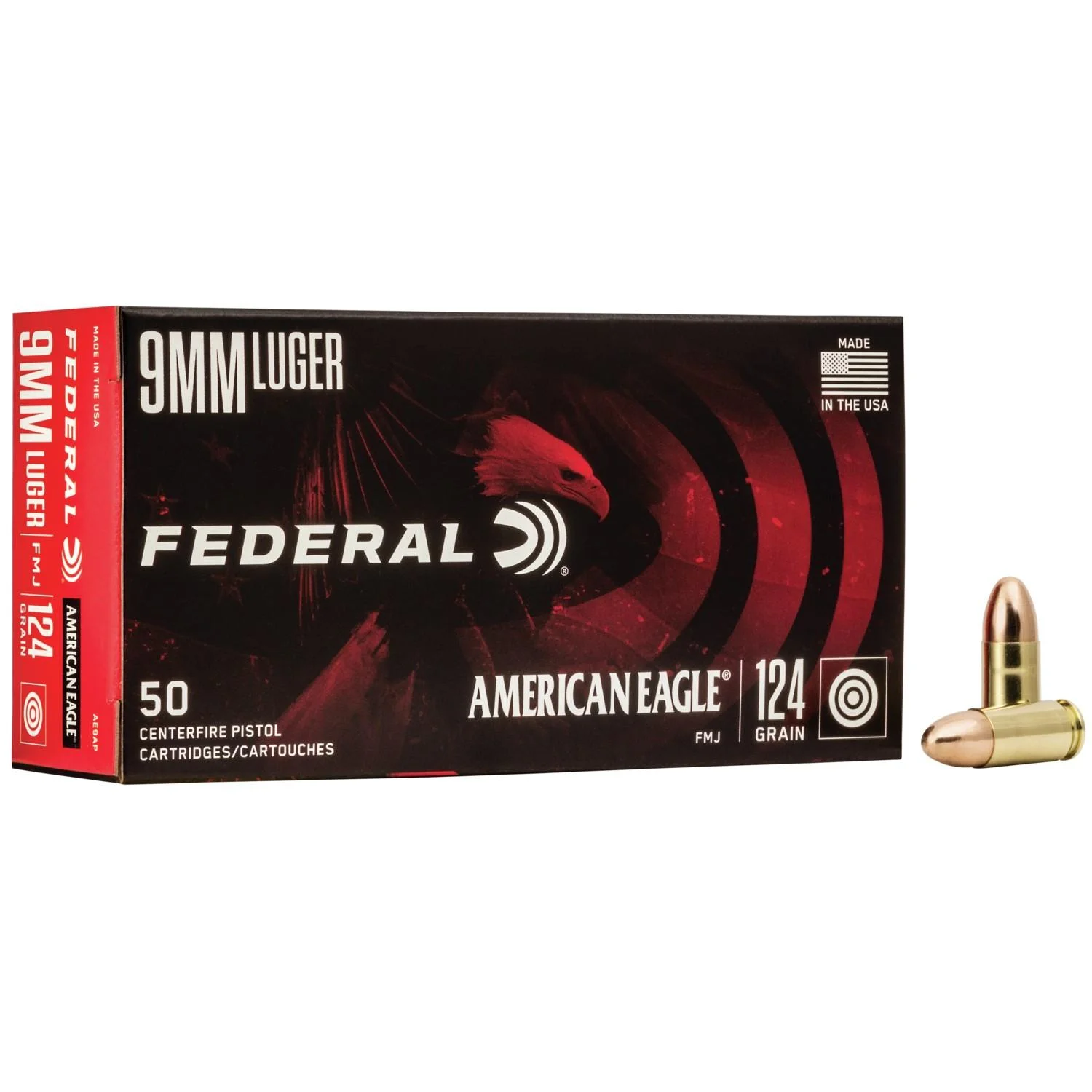 american-eagle-9mm-luger-124gr-fmj-handgun-ammo-primary Federal Cartridge Co. American Eagle Handgun Ammunition 9mm Luger 124 gr FMJ 1150 fps 50/ct
