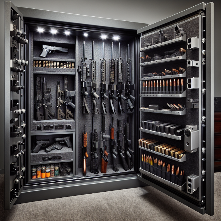 Open gun safe with organized rifles and handgun shelves for secure firearm storage