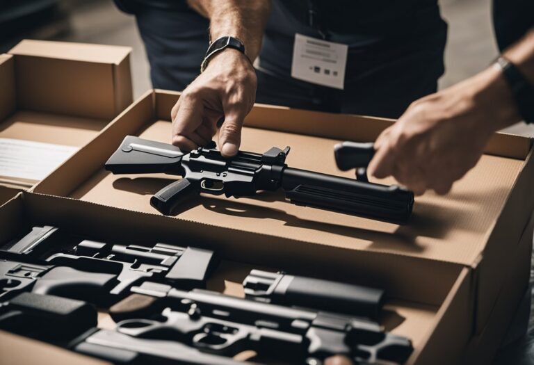 Licensed firearms dealer inspecting a firearm shipment before completing an FFL transfer