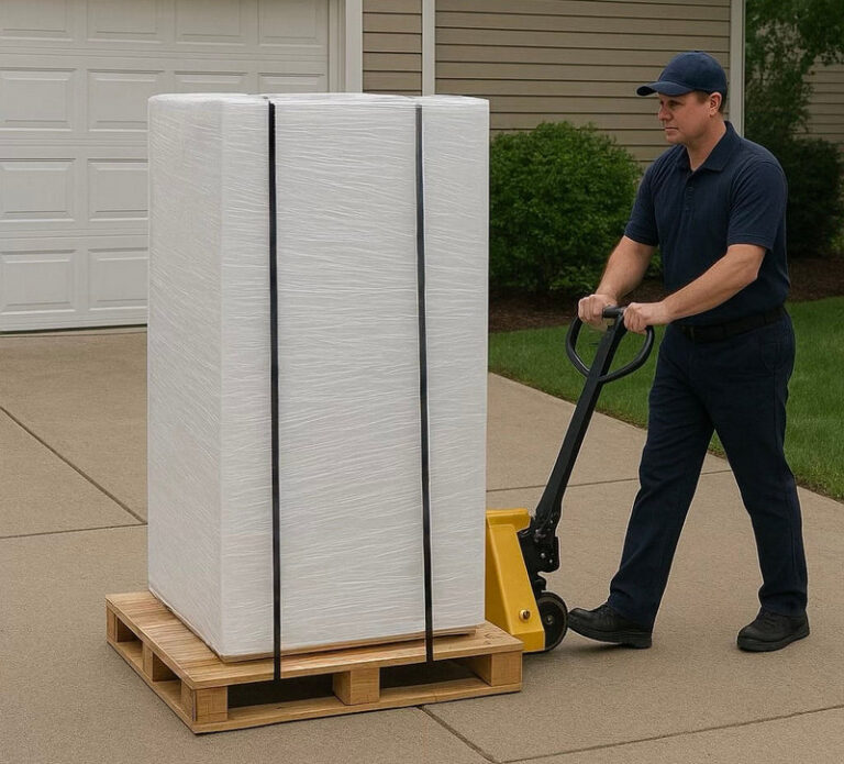Large gun safe secured on a shipping pallet for freight transportation