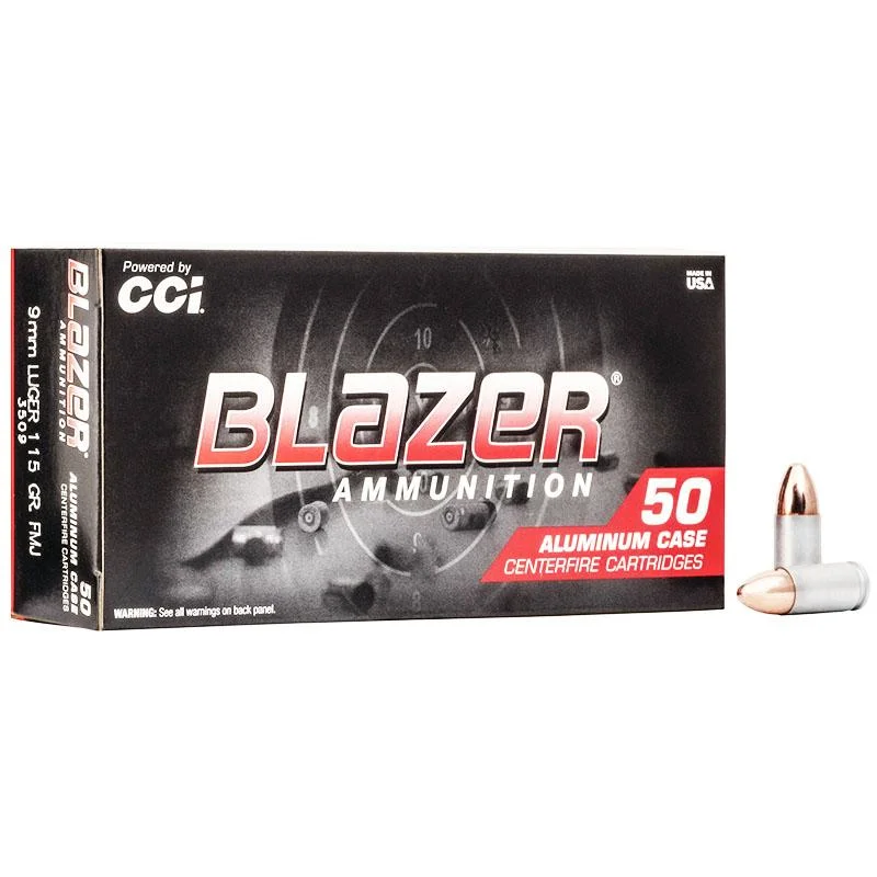 blazer-aluminum-9mm-luger-ammo-primary CCI Blazer Aluminum Handgun Ammunition 9mm Luger 115 gr. FMJ 1145 fps 50/ct