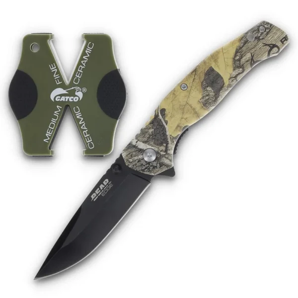 Bear & Son Cutlery Bear & Son Edge Brisk 2.0 Folding Knife & Sharpener Combo Drop Point Blade Brown Camo