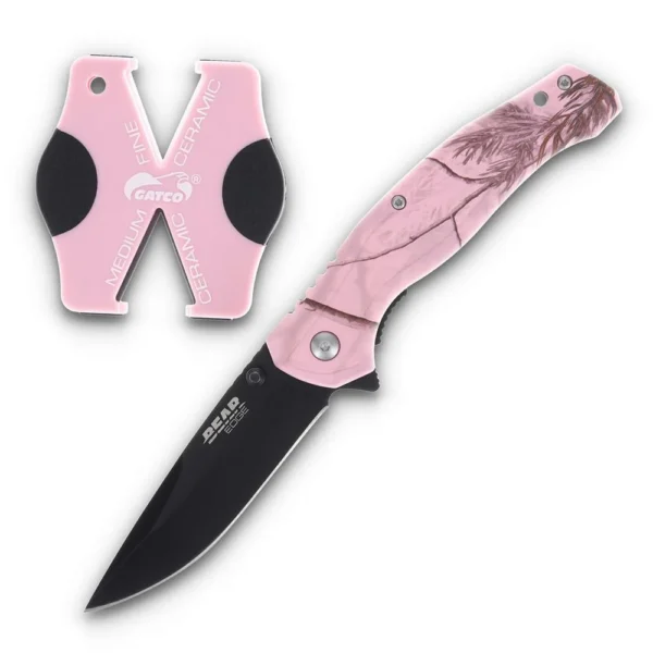 Bear & Son Cutlery Bear & Son Edge Brisk 2.0 Folding Knife & Sharpener Combo Drop Point Blade Pink Camo