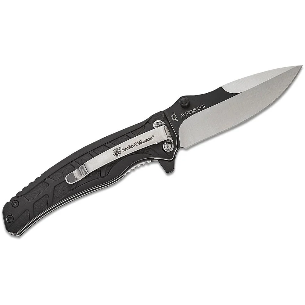 extreme-ops-folding-knife-3-drop-point-primary Battenfeld Knives Smith & Wesson Extreme Ops Folding Knife 3" Drop Point Blade Two Tone Black Silver