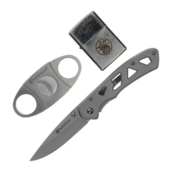 Battenfeld Knives Smith & Wesson Folding Knife Cigar Cutter and Lighter Combo 3" Drop Point Blade Silver