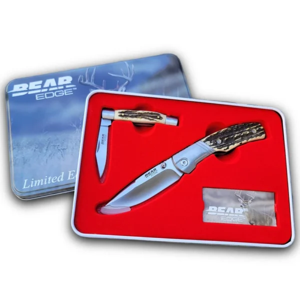Bear & Son Cutlery Bear & Son Limited Edition Gift Tin Two Folding Knife Combo Set Stag Delrin