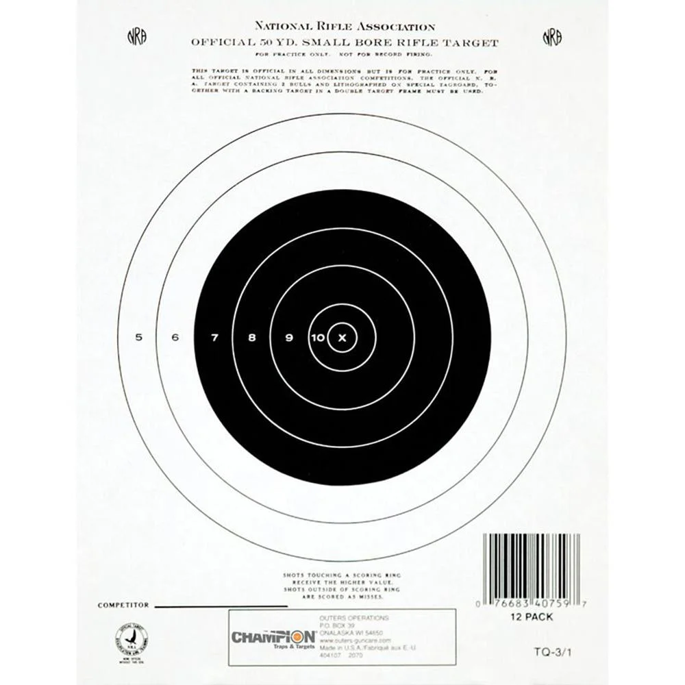 official-nra-paper-targets-small-bore-rifle-50yd-primary-1 Champion Official NRA Paper Targets GTQ-3/1 50 yd Small Bore Rifle Single Bull 12/ct