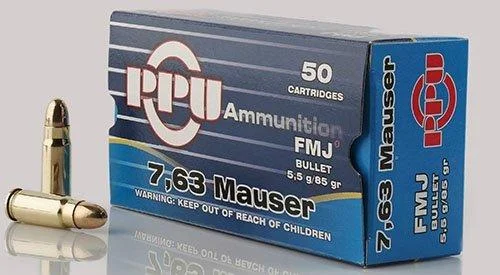 TRZ Trading Inc. PPU Handgun Ammunition 7.63mm Mauser 85 gr FMJ 1510 fps 50/ct