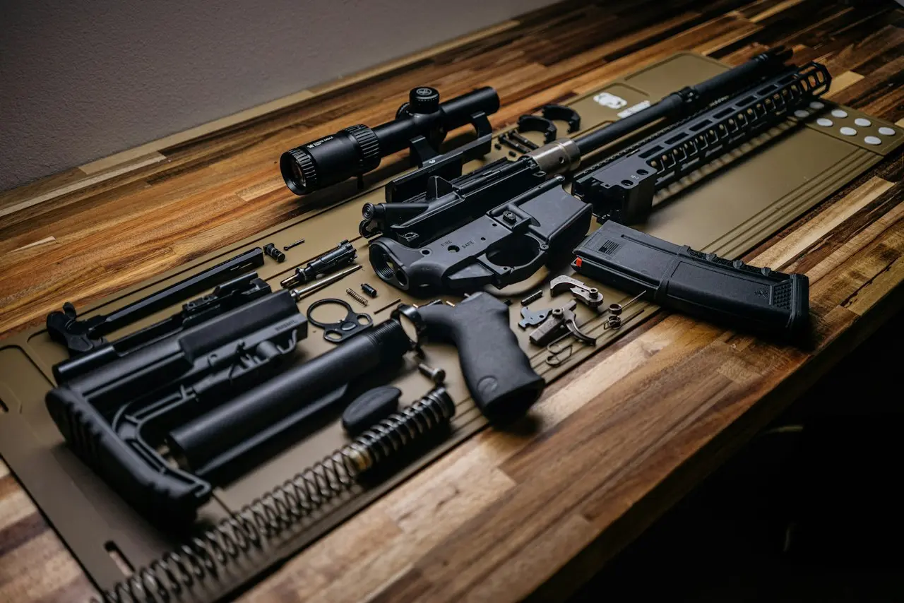 Disassembled rifle parts and a scope laid out on a cleaning mat