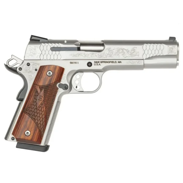 Smith & Wesson Inc. Smith & Wesson 1911 Engraved Handgun .45 ACP 8rd Magazine 5" Barrel Engraved Silver with Wood Grip