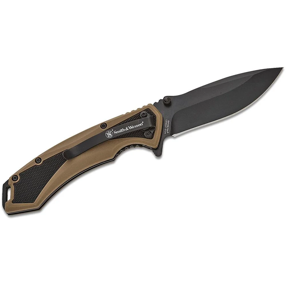 smith-wesson-extreme-ops-spring-assist-folding-primary Battenfeld Knives Smith & Wesson Extreme Ops Spring Assist Folding Knife 3-1/4" Drop Point Blade Black Tan Box