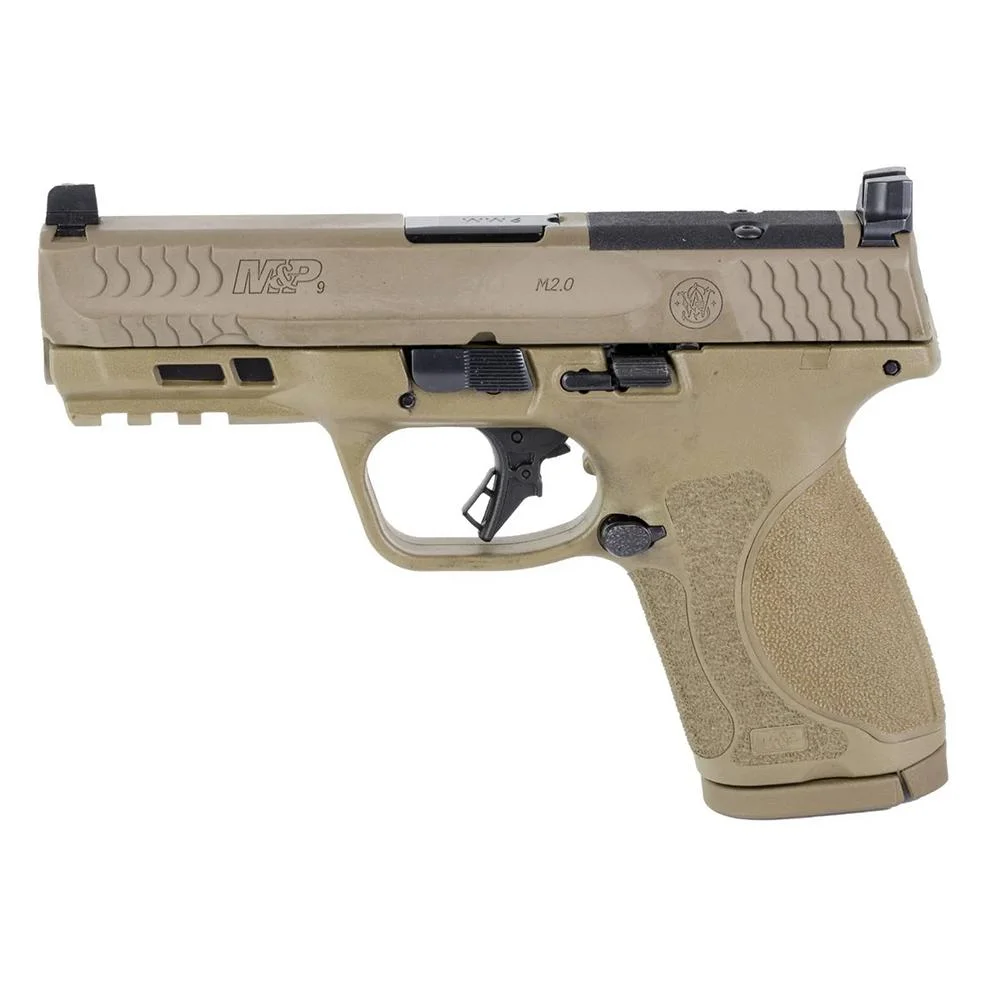 smith-wesson-mp-m2-0-9mm-4-inch-fde-primary Smith & Wesson Inc. Smith & Wesson M&P 9 M2.0 Optic Ready Compact Handgun 9mm Luger 15rd Magazine 4" Barrel FDE No Thumb
