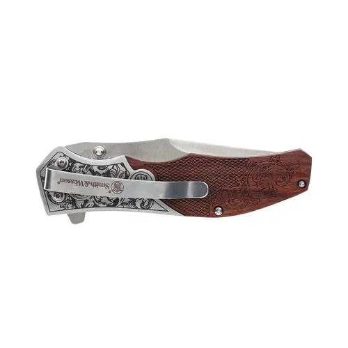 Battenfeld Knives Smith & Wesson Unwavered Folding Knife 3-1/4" Clip Point Blade Engraved Wood