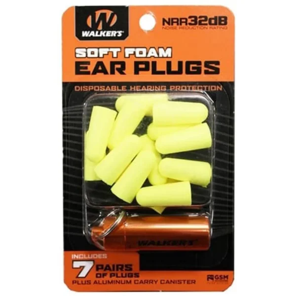 Walkers Game Ear Walker's Foam Ear Plugs 32dB with Aluminum Carry Canister Yellow 7 pairs