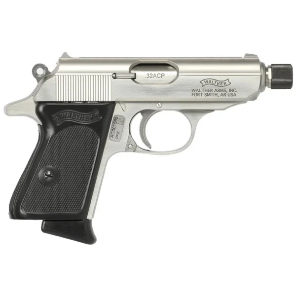 Walther PPK SD Handgun .32 Auto 7rd Magazines(2) 3.3" 1/2x28 Threaded Barrel Stainless Steel with Black Grip