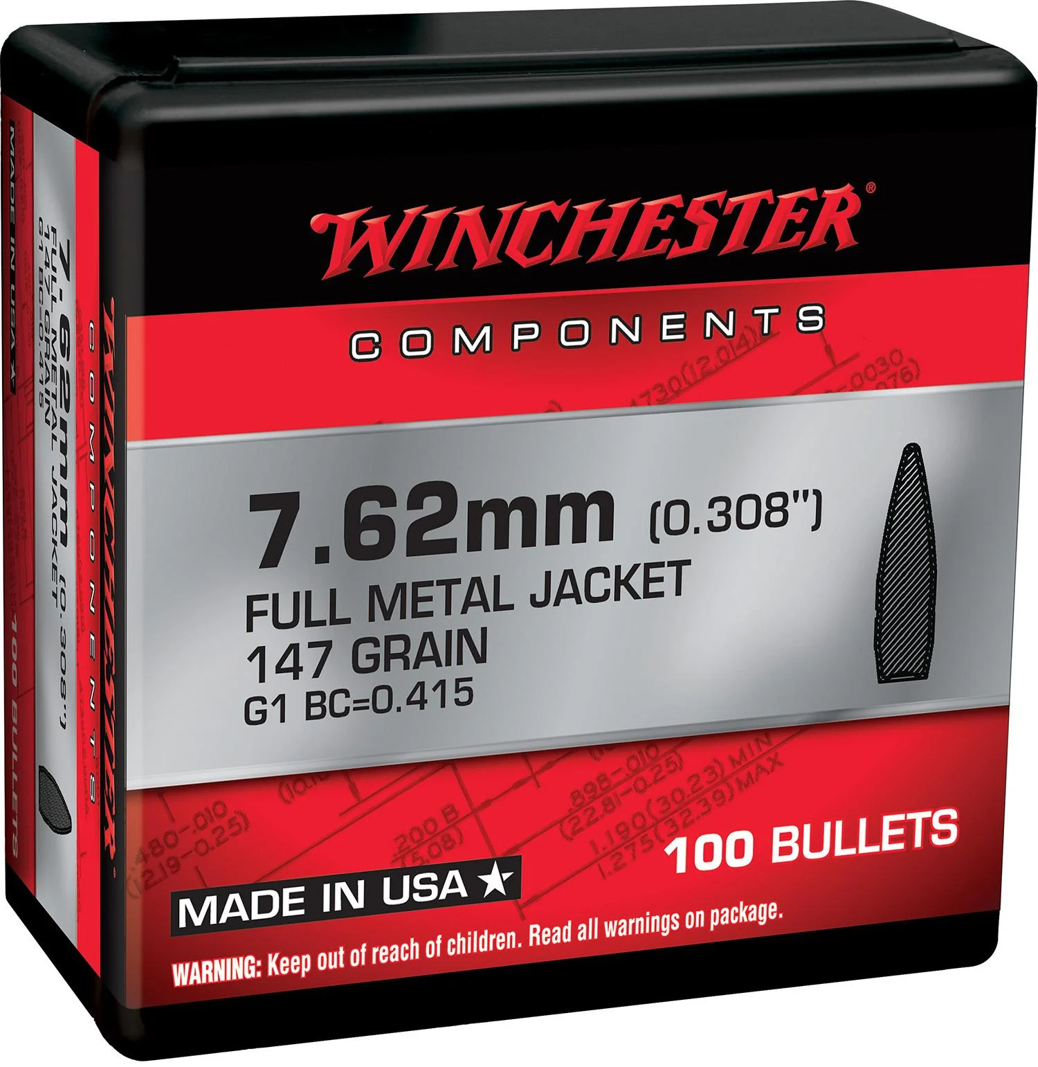winchester-7-62mm-147gr-fmjbt-bullets-100-ct-primary Winchester Bulk Components Winchester FMJBT Bullets 7.62mm .308" 147gr 100/ct