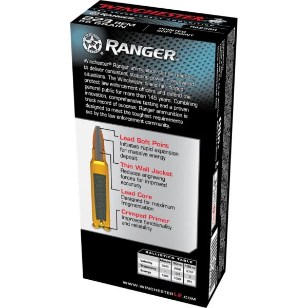 Winchester Ammunition Winchester Ranger Rifle Ammunition 223 Rem 55gr PSP 3020 fps 20/ct
