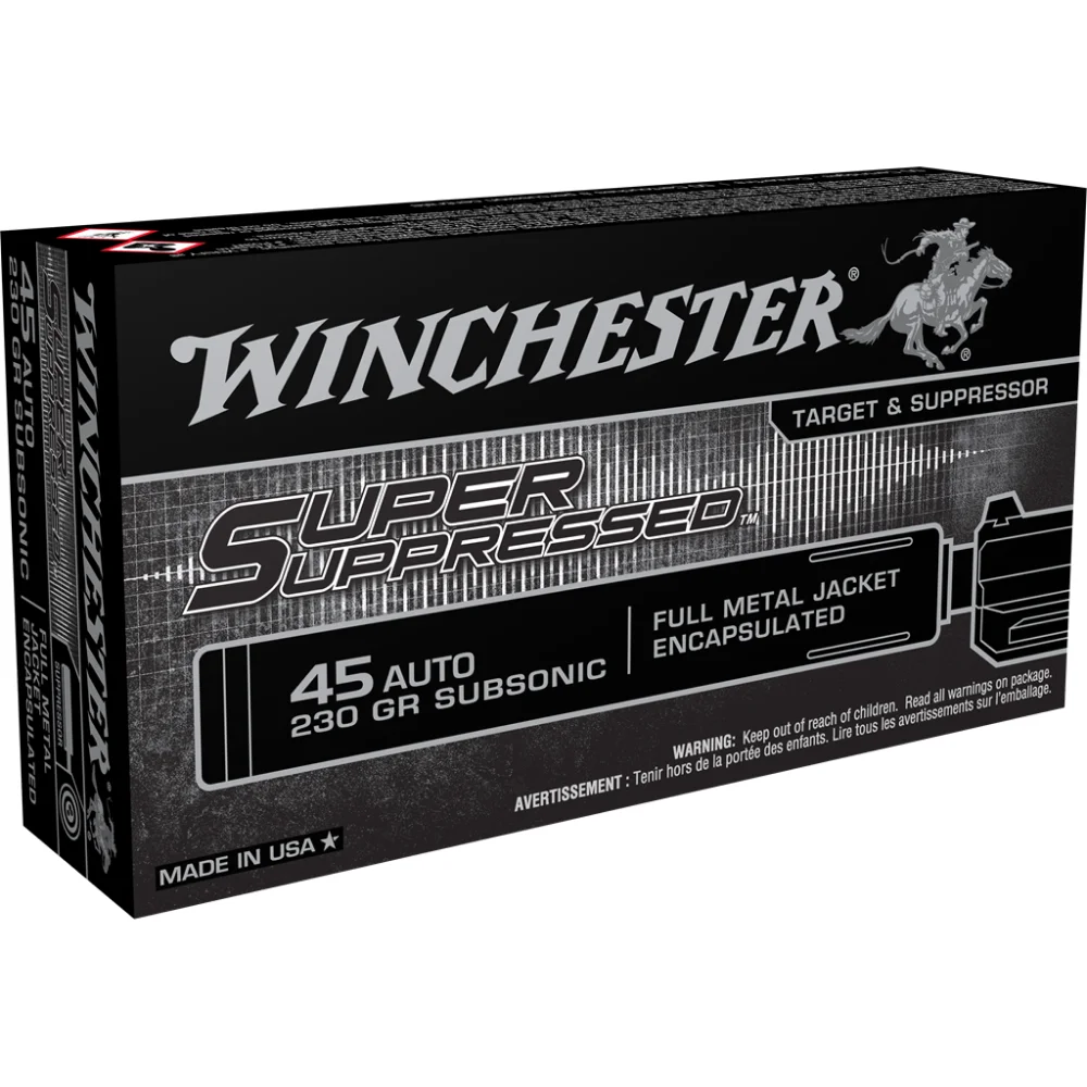 winchester-super-suppressed-45-acp-ammo-primary Winchester Ammunition Winchester Super Suppressed Handgun Ammunition .45 ACP 230 gr. FMJE 850 fps 50/ct