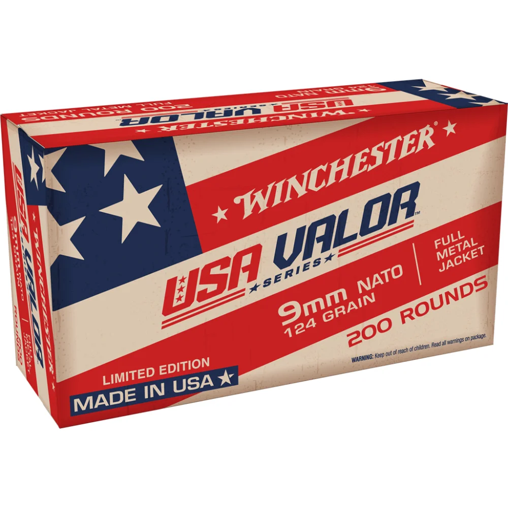 winchester-usa-valor-9mm-luger-124-gr-fmj-primary Winchester Ammunition Winchester USA Valor NATO Handgun Ammunition 9mm Luger 124 gr. FMJ 1200 fps 200/ct