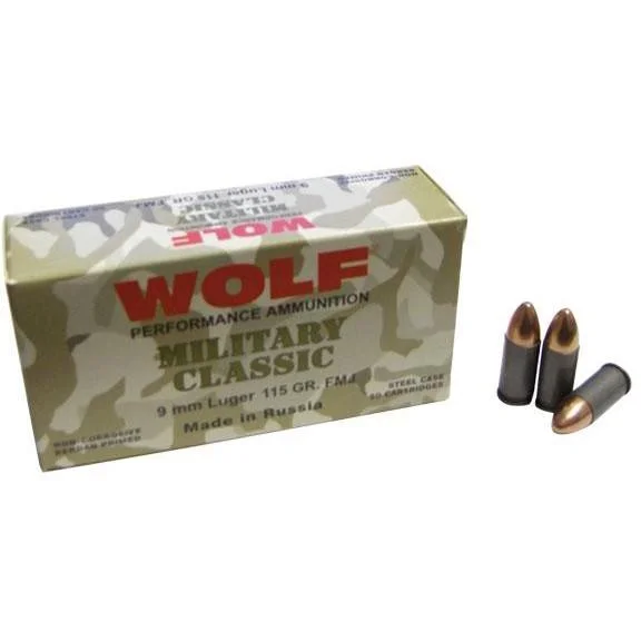 Wolf Performance Ammunition Wolf Miltary Classic Handgun Ammunition 9mm Luger 115 gr FMJ 1150 fps 50/ct